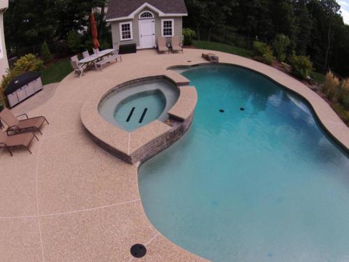Exposed Aggregate Pool Patio with Hot Tub and Cabana